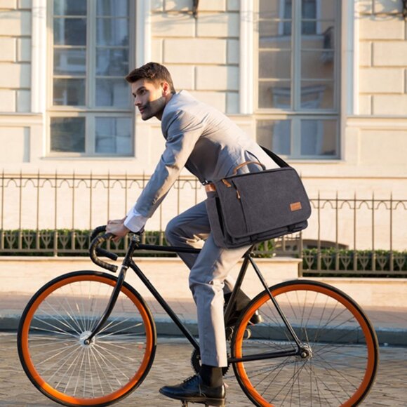 Men’s Grey Canvas Water Resistant Messenger Bag 15.6” Laptop Shoulder Bag - Picture 8 of 12